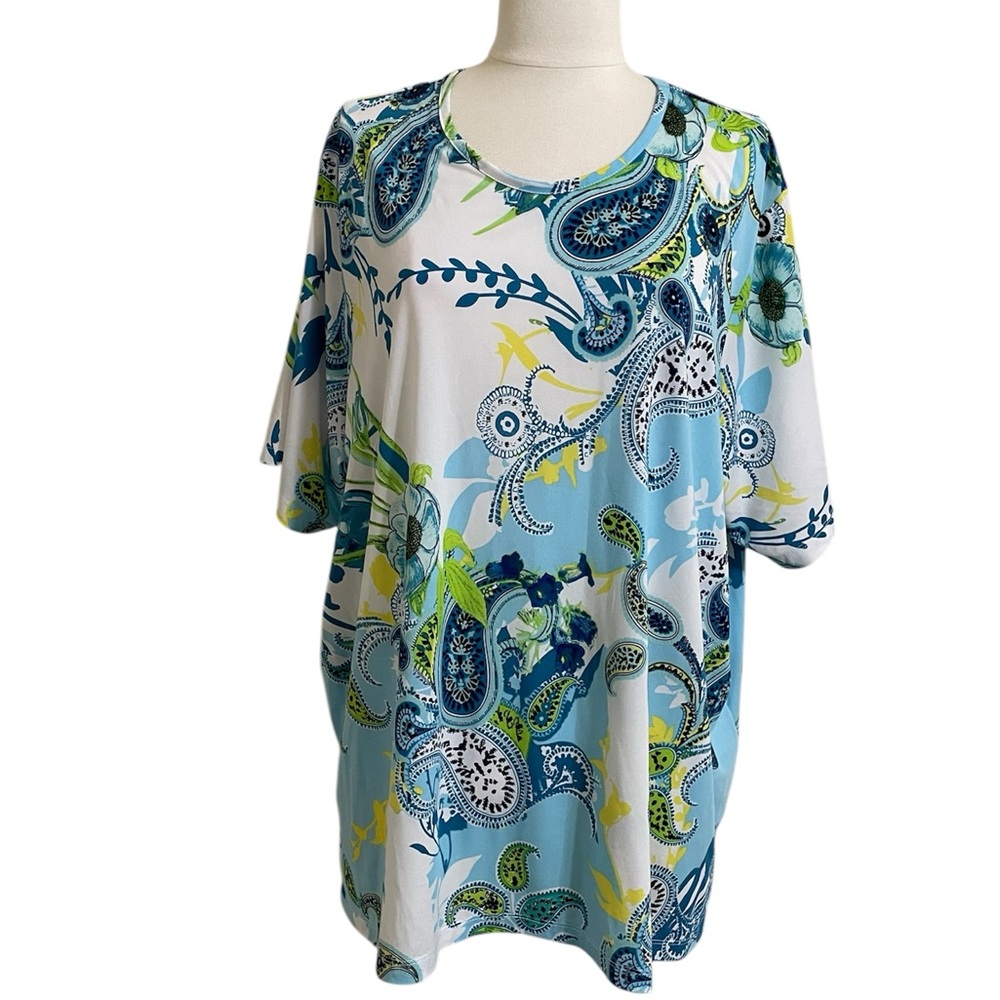 New Alia white popover top blue turquoise green paisley print jersey knit 3X
